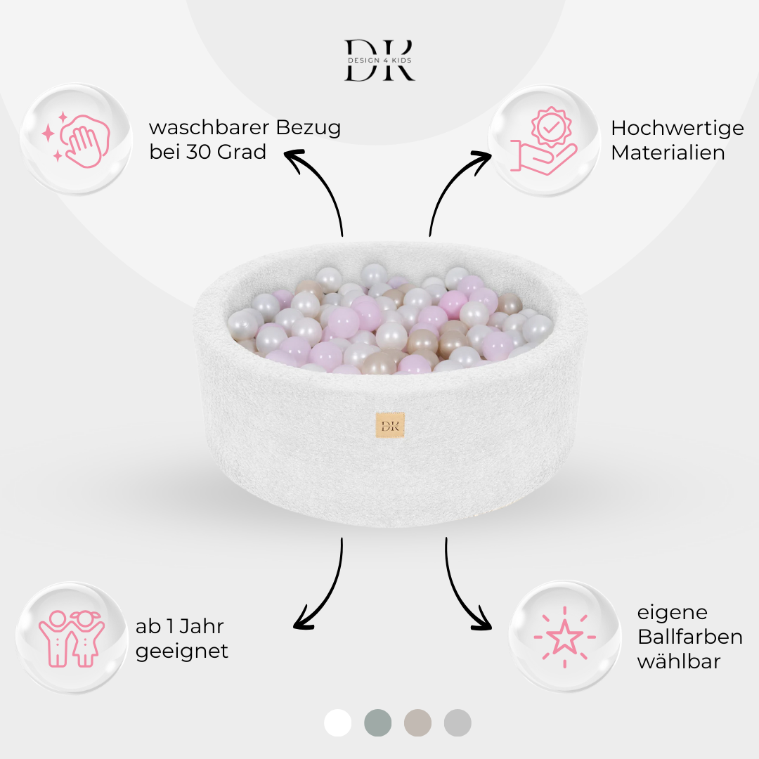 Design4Kids Bällebad Lumi 90x30cm Bouclé, 200 Bälle - eigene Farbauswahl
