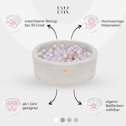 Design4Kids Bällebad Lumi 90x30cm Bouclé, 200 Bälle - eigene Farbauswahl