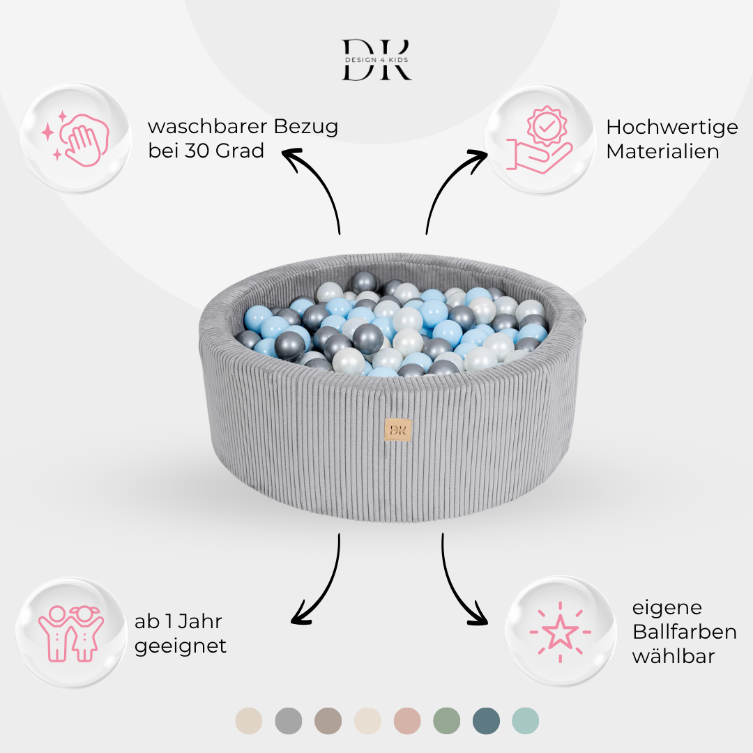 Design4Kids Bällebad Jewel 90x30cm Cord mit 200 Bällen - eigene Farbauswahl Marble Grey