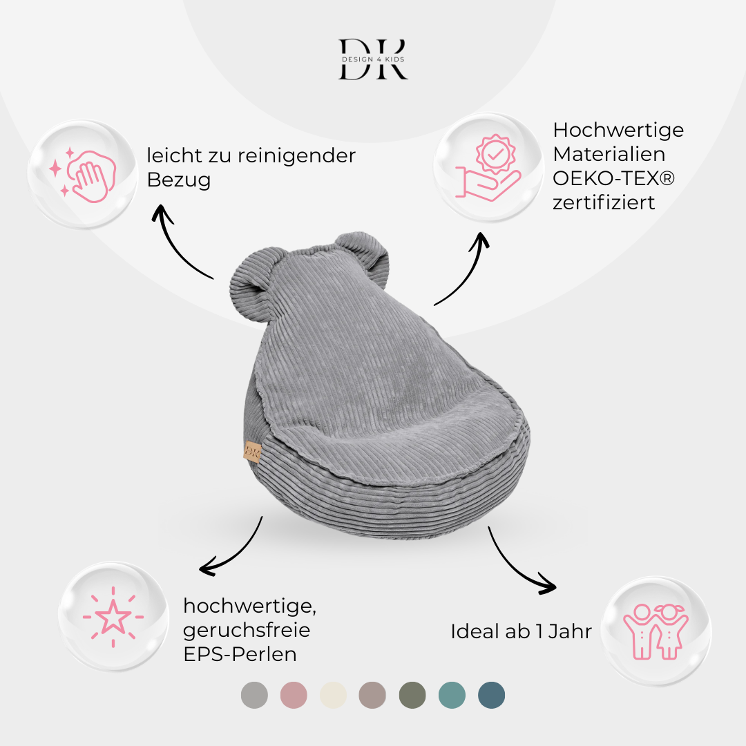 Design4Kids Kindersessel Jewel Cord als Bären-Sitzsack Marble Grey