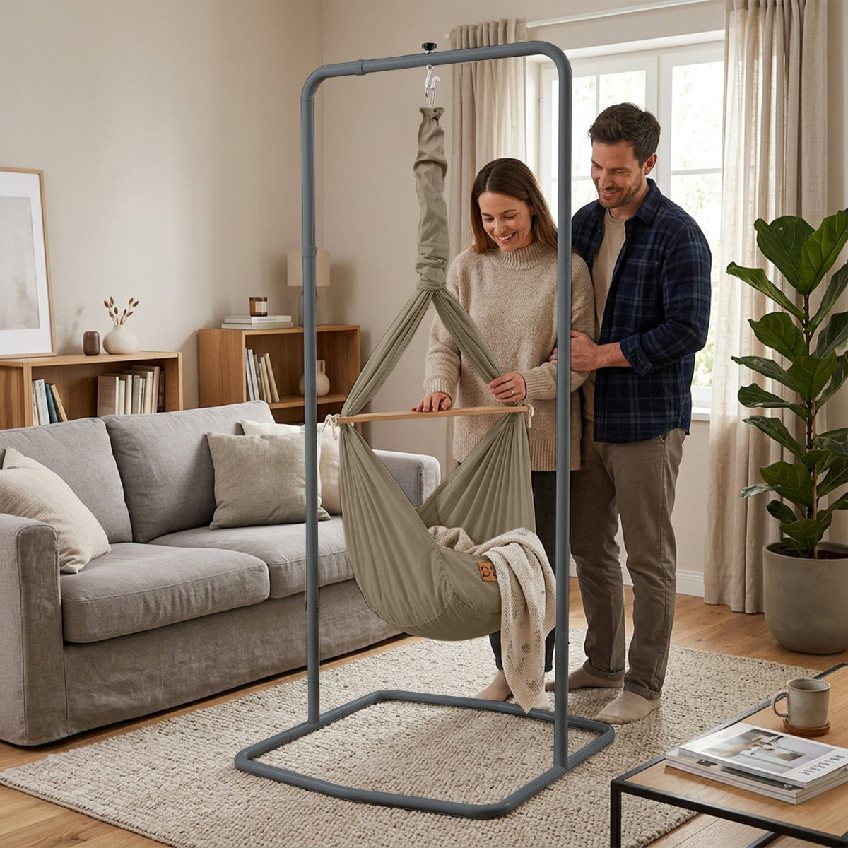 Design4Kids Federwiege Baby Classic, Bio-Baumwolle mit Komfort-Gestell – taupe / anthrazit