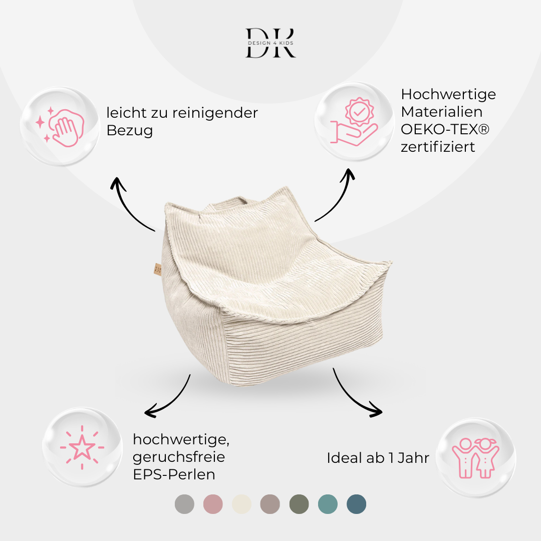 Design4Kids Kindersessel Jewel Cord eckig Almond Beige