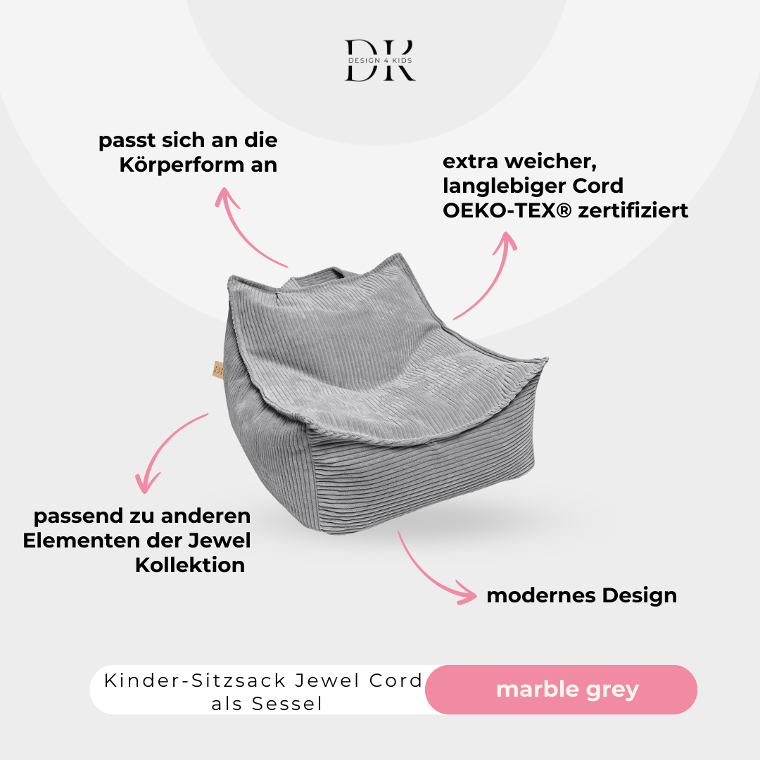 Design4Kids Kindersessel Jewel Cord eckig Marble Grey