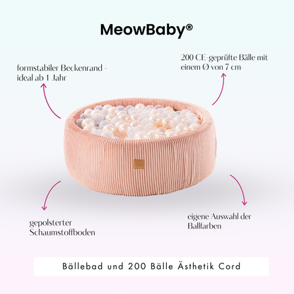 MeowBaby Bällebad Ästhetik Cord 90x30 cm – Powder Pink
