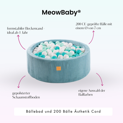 MeowBaby Bällebad Ästhetik Cord 90x30 cm – Türkis