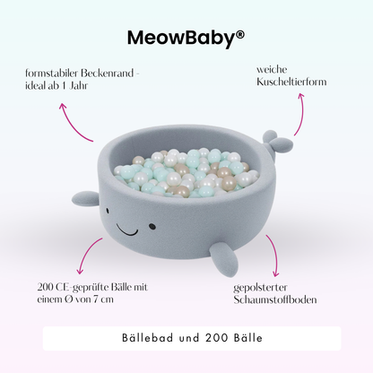 MeowBaby Bällebad kleiner Wal Shelly Bouclé – hellblau