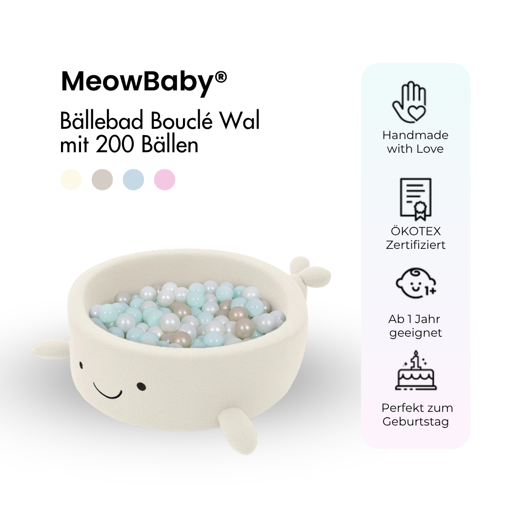 MeowBaby Bällebad kleiner Wal Shelly Bouclé – creme/weiß