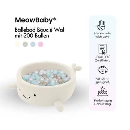 MeowBaby Bällebad kleiner Wal Shelly Bouclé – creme/weiß