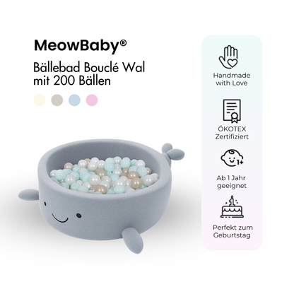 MeowBaby Bällebad kleiner Wal Shelly Bouclé – hellblau