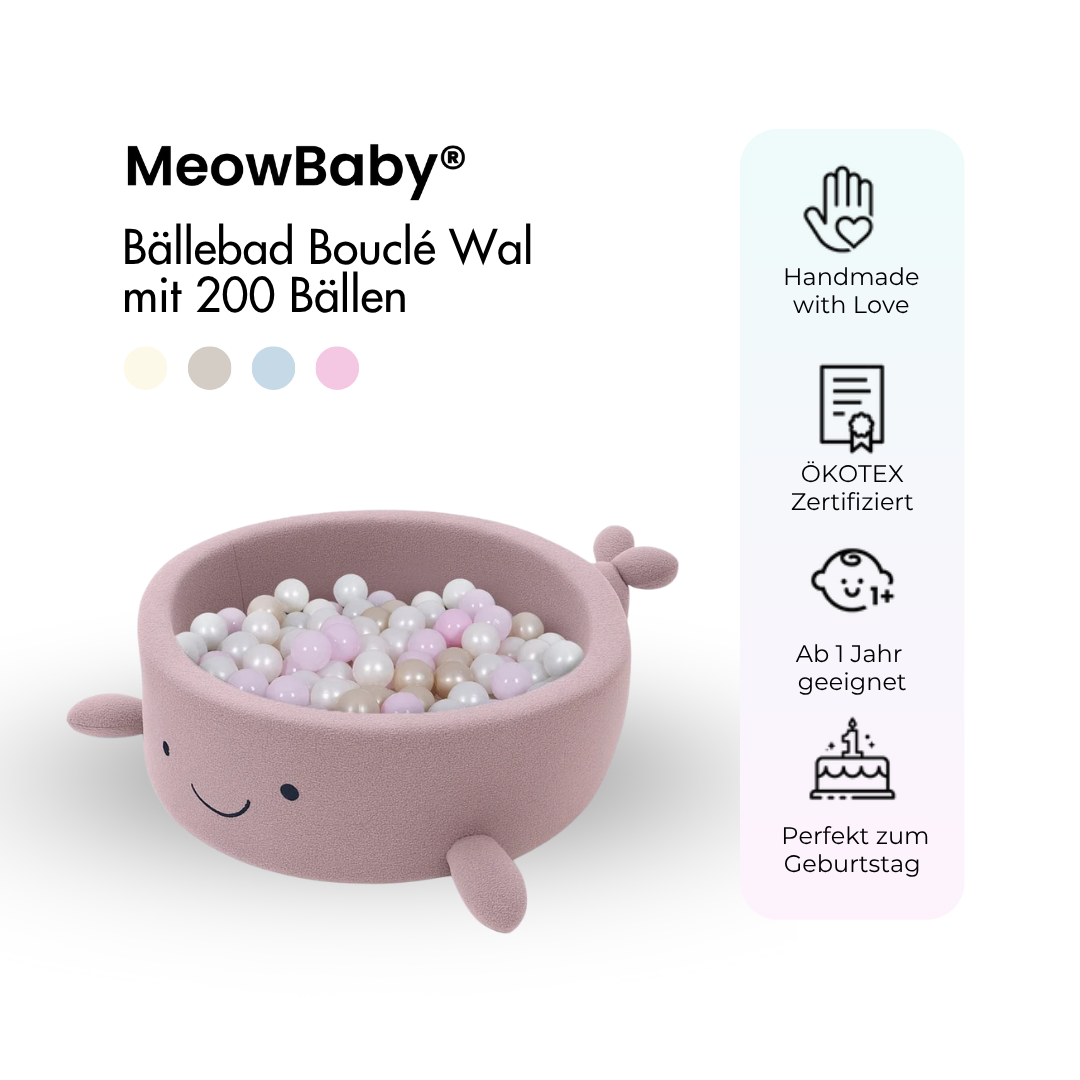 MeowBaby Bällebad kleiner Wal Shelly Bouclé – hellrosa