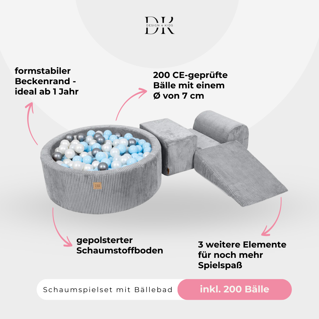 Design4Kids Schaumspielset Jewel Cord mit Bällebad und 200 Bällen Marble Grey