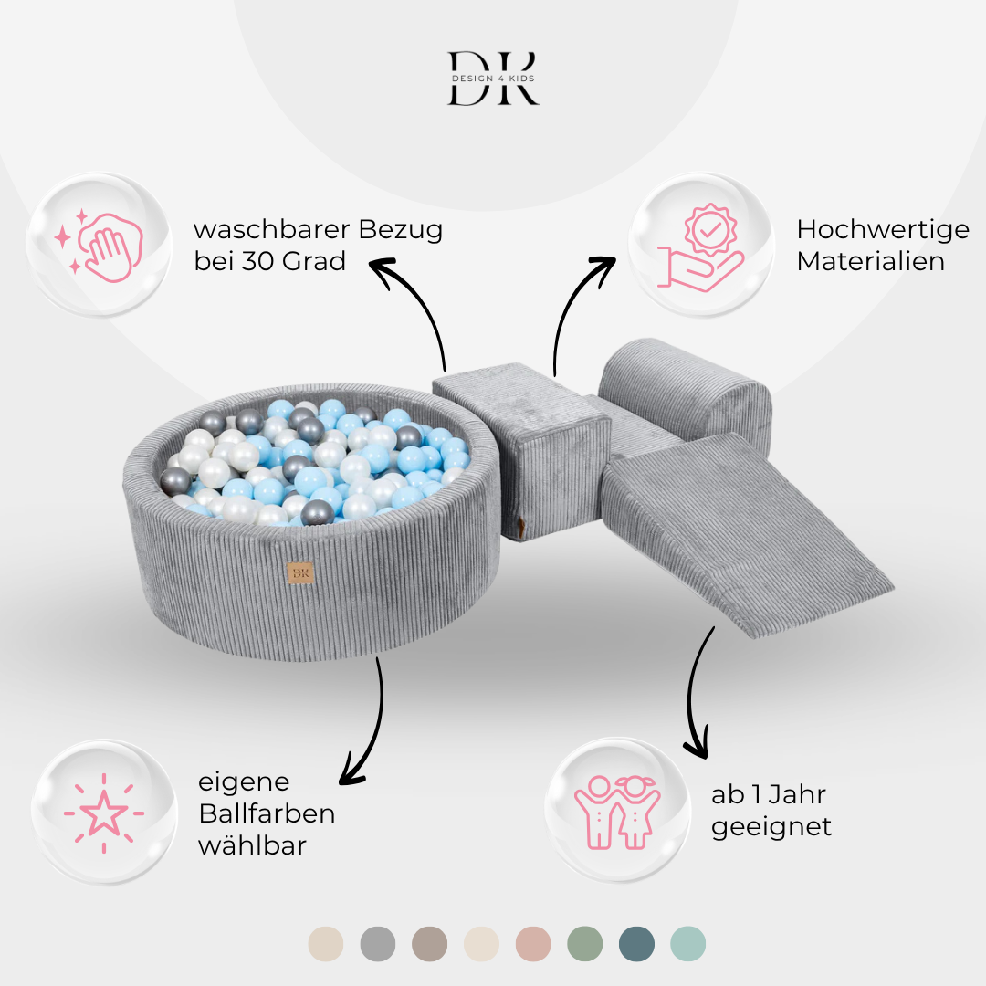 Design4Kids Schaumspielset Jewel Cord mit Bällebad und 200 Bällen Marble Grey