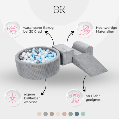 Design4Kids Schaumspielset Jewel Cord mit Bällebad und 200 Bällen Marble Grey