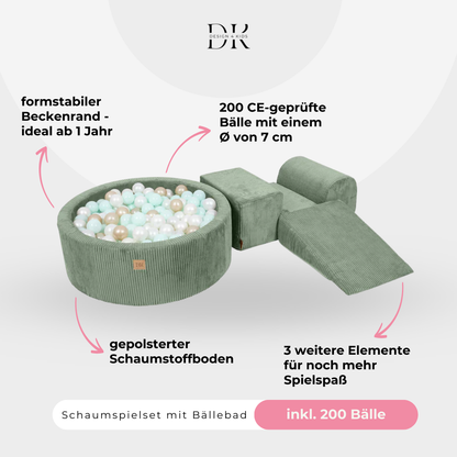 Design4Kids Schaumspielset Jewel Cord mit Bällebad und 200 Bällen Classic Olive