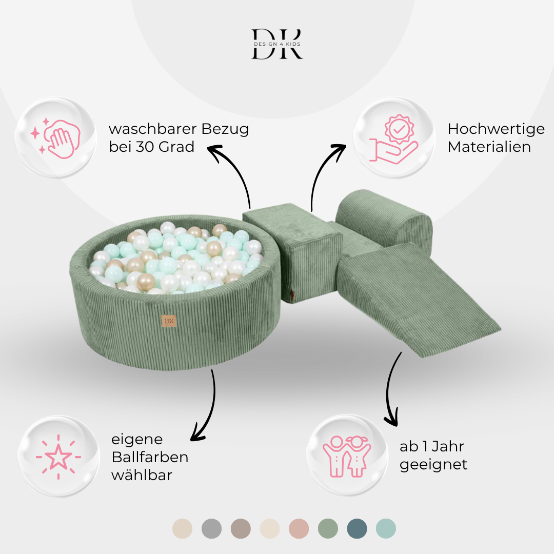 Design4Kids Schaumspielset Jewel Cord mit Bällebad und 200 Bällen Classic Olive