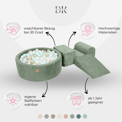 Design4Kids Schaumspielset Jewel Cord mit Bällebad und 200 Bällen Classic Olive