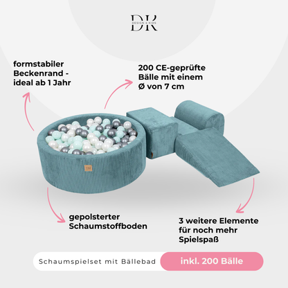 Design4Kids Schaumspielset Jewel Cord mit Bällebad und 200 Bällen Ocean Blue