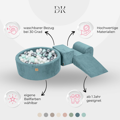 Design4Kids Schaumspielset Jewel Cord mit Bällebad und 200 Bällen Ocean Blue