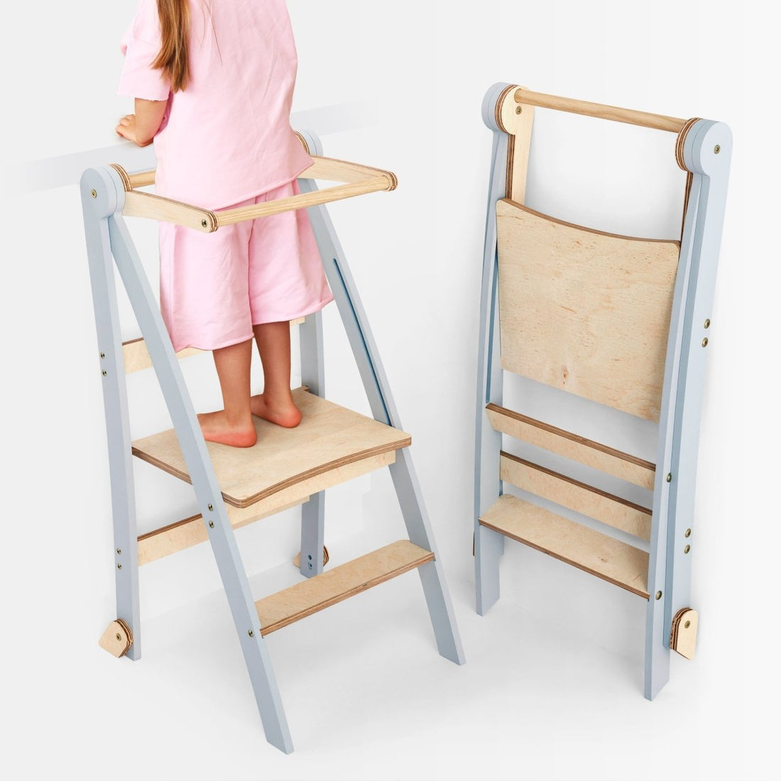 Goodevas Holz Lernleiter Montessori: Hocker für Kinder – Grau