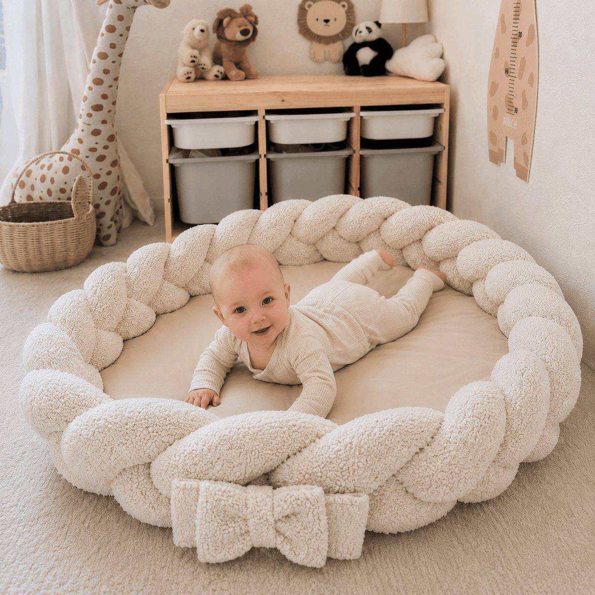 MeowBaby Babynestchen mit Spielmatte, Bettumrandung &amp; Schleife Bearly – Beige/Creme