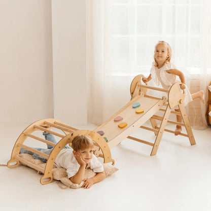 Montessori 4in1 Kletterdreieck für Babys: Pikler-Dreieck, Kletterbogen, Rutschbrett und Kissen für Kleinkinder (1–3 Jahre) - Beige