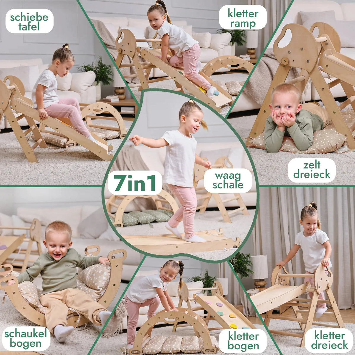 Montessori 4in1 Kletterdreieck für Babys: Pikler-Dreieck, Kletterbogen, Rutschbrett und Kissen für Kleinkinder (1–3 Jahre) - Beige