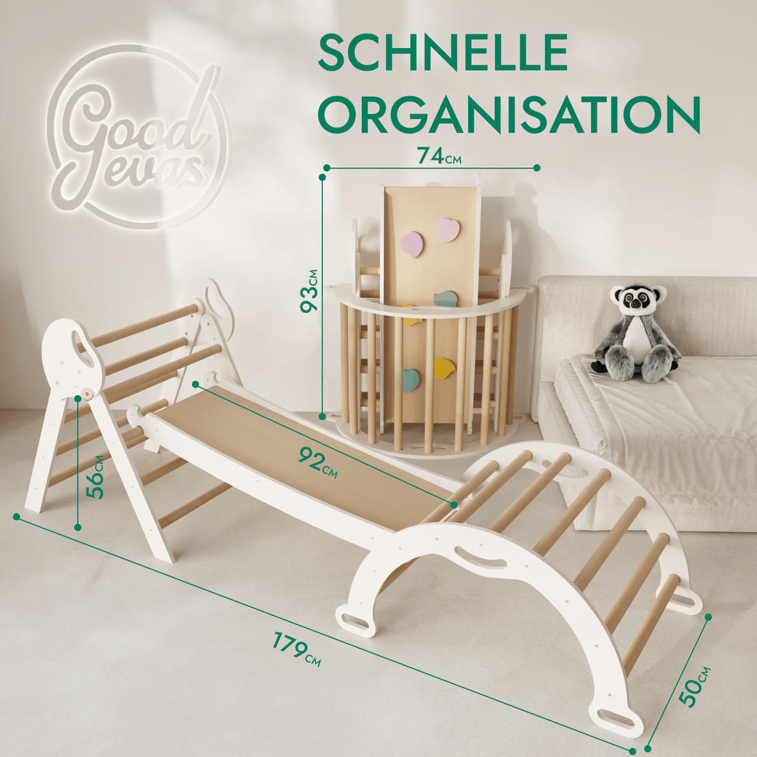 Goodevas Montessori 4in1 Kletterdreieck für Babys: Pikler-Dreieck, Kletterbogen, Rutschbrett und Kissen für Kleinkinder (1–3 Jahre) – Beige