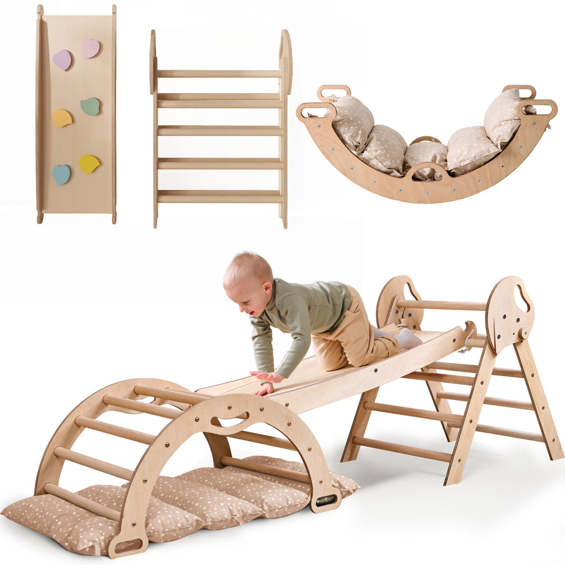 Goodevas Montessori 4in1 Kletterdreieck für Babys: Pikler-Dreieck, Kletterbogen, Rutschbrett und Kissen für Kleinkinder (1–3 Jahre) – Beige