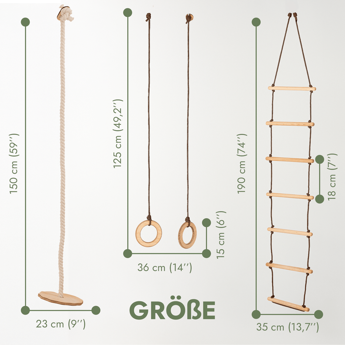 Goodevas Set aus drei Schaukeln: Scheibe + Ringe + Strickleiter