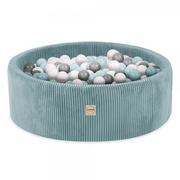 PLUSH NEST Bällebad 90x30cm Cord türkis mit 300 Bällen - weiß, mintpearl, grau