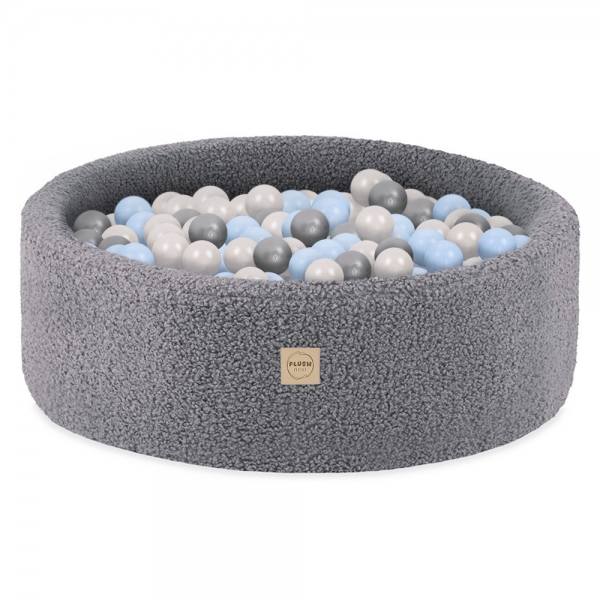 PLUSH NEST Bällebad 90x30cm Bouclé grau mit 300 Bällen - pearl, silber, babyblau