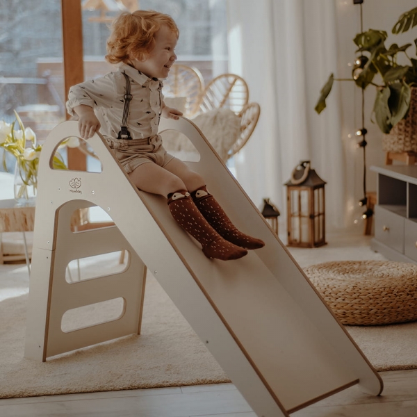 MeowBaby Montessori Holzrutsche indoor für Kinder, Scandi - weiß