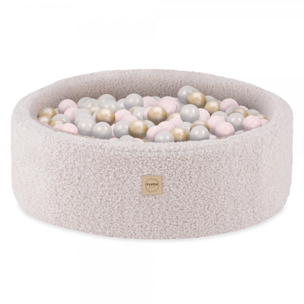 PLUSH NEST Bällebad 90x30cm Bouclé ecru mit 300 Bällen - pearl, hellpinkpearl, gold