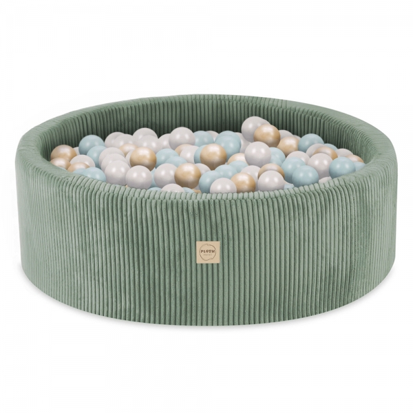 PLUSH NEST Bällebad 90x30cm Cord olive mit 300 Bällen - pearl, mintpearl, gold