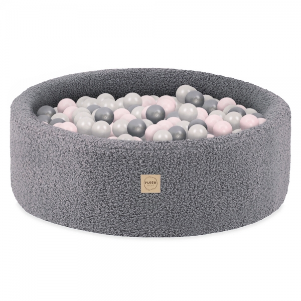 PLUSH NEST Bällebad 90x30cm Bouclé grau mit 300 Bällen - pearl, silber, hellpinkpearl