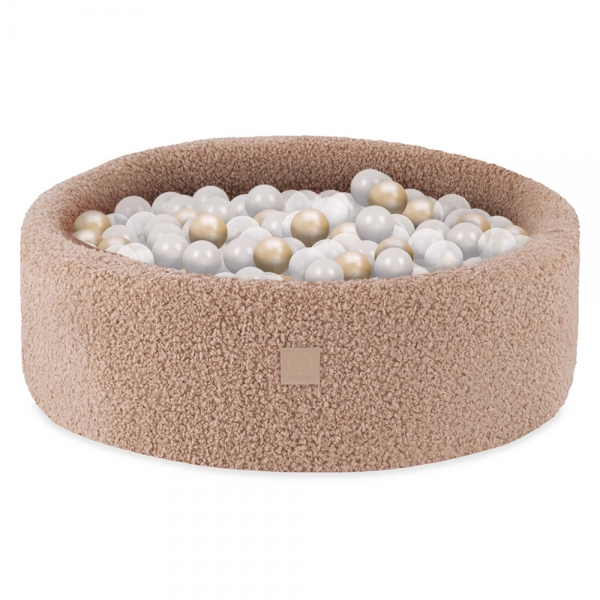 PLUSH NEST Bällebad 90x30cm Bouclé beige mit 300 Bällen - pearl, gold, transparent