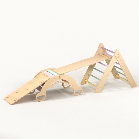 BusyKids Großes Set - Pikler Dreieck, 2 Rutschen &amp; Balancewippe - Pastellfarben