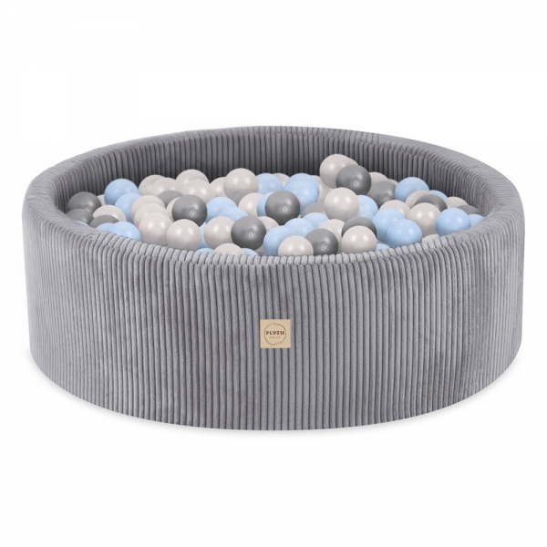 PLUSH NEST Bällebad 90x30cm Cord grau mit 300 Bällen - pearl, silber, babyblau