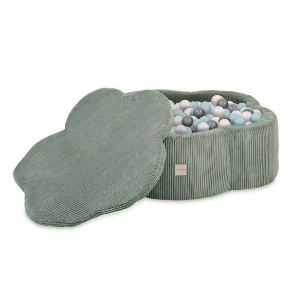 PLUSH NEST Blumen-Bällebad 95x30cm Cord olive mit Spielmatte und 300 Bällen