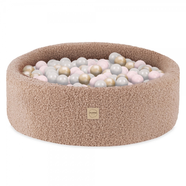 PLUSH NEST Bällebad 90x30cm Bouclé beige mit 300 Bällen - pearl, gold, hellpink